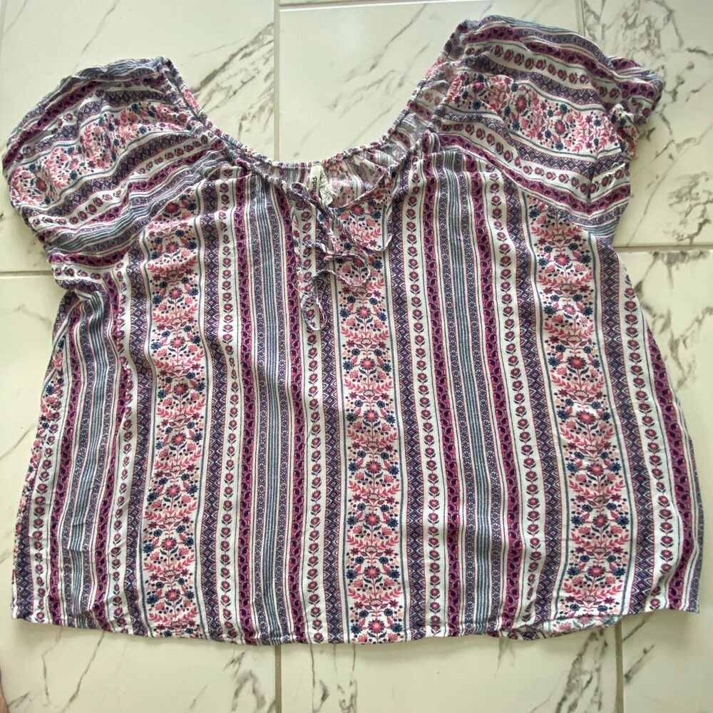 Mudd Blouse Womens XXL Pink Blue Boho Geometric Striped Short Sleeve Top Casual